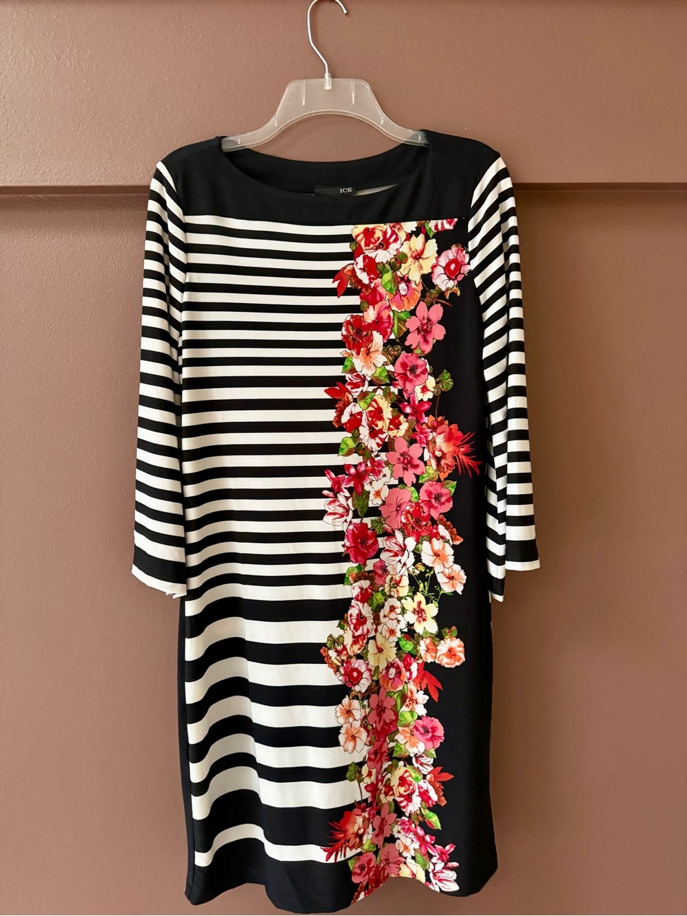 Ice Black & White Striped Shift Dress with Floral Panel